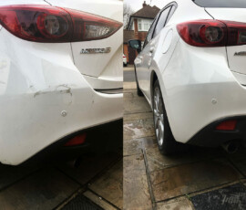 Car bumper scratch repair performed on a white Mazda in Chelmsford